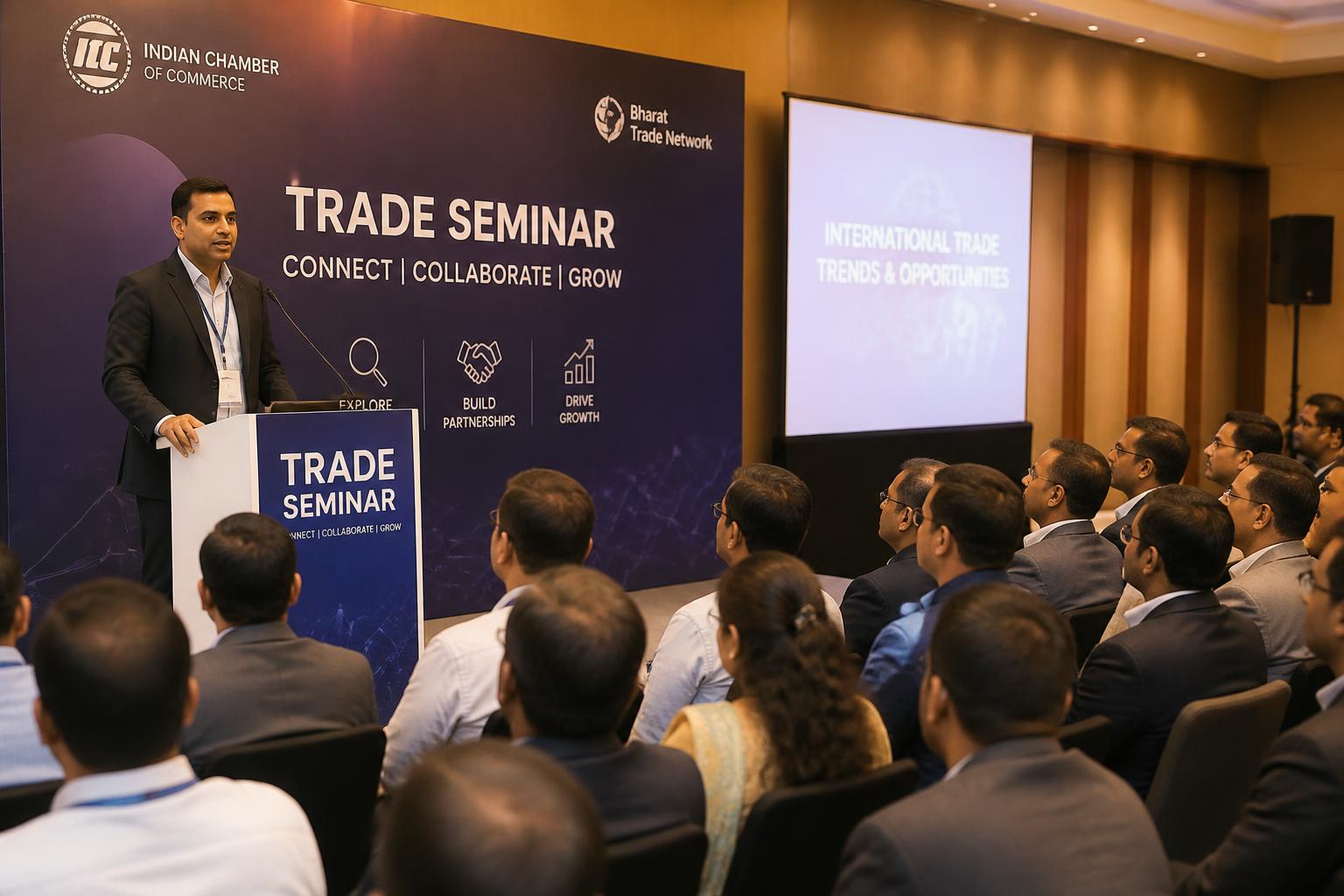 Trade seminar with a speaker addressing business participants