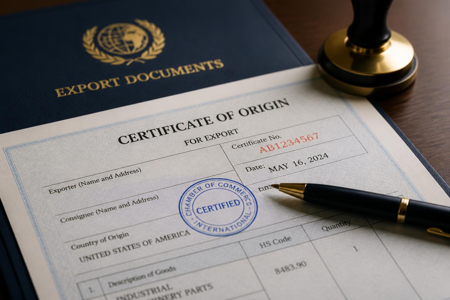 Certificate of Origin document with official stamp and pen